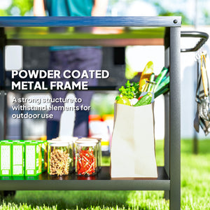 Outdoor Grill Dining Cart with Stainless Steel Tabletop, 2-Shelf BBQ Movable Pizza Oven Stand with Shelf, Hooks, Wheels, Charcoal Grey