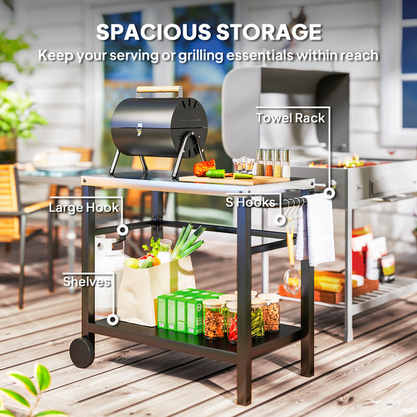 Outdoor Grill Dining Cart with Stainless Steel Tabletop, 2-Shelf BBQ Movable Pizza Oven Stand with Shelf, Hooks, Wheels, Charcoal Grey