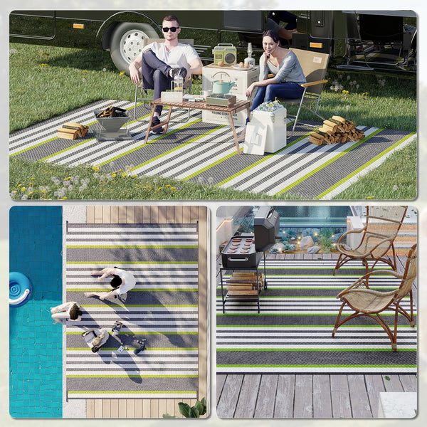 Outsunny Reversible Outdoor Rug, 9' x 12' Waterproof Plastic Straw Floor Mat, Portable RV Camping Carpet, Large Floor Mat for Backyard, Deck, Picnic, Beach, Green & Gray Stripes