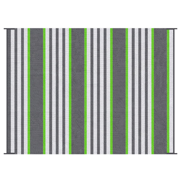 Outsunny Reversible Outdoor Rug, 9' x 12' Waterproof Plastic Straw Floor Mat, Portable RV Camping Carpet, Large Floor Mat for Backyard, Deck, Picnic, Beach, Green & Gray Stripes