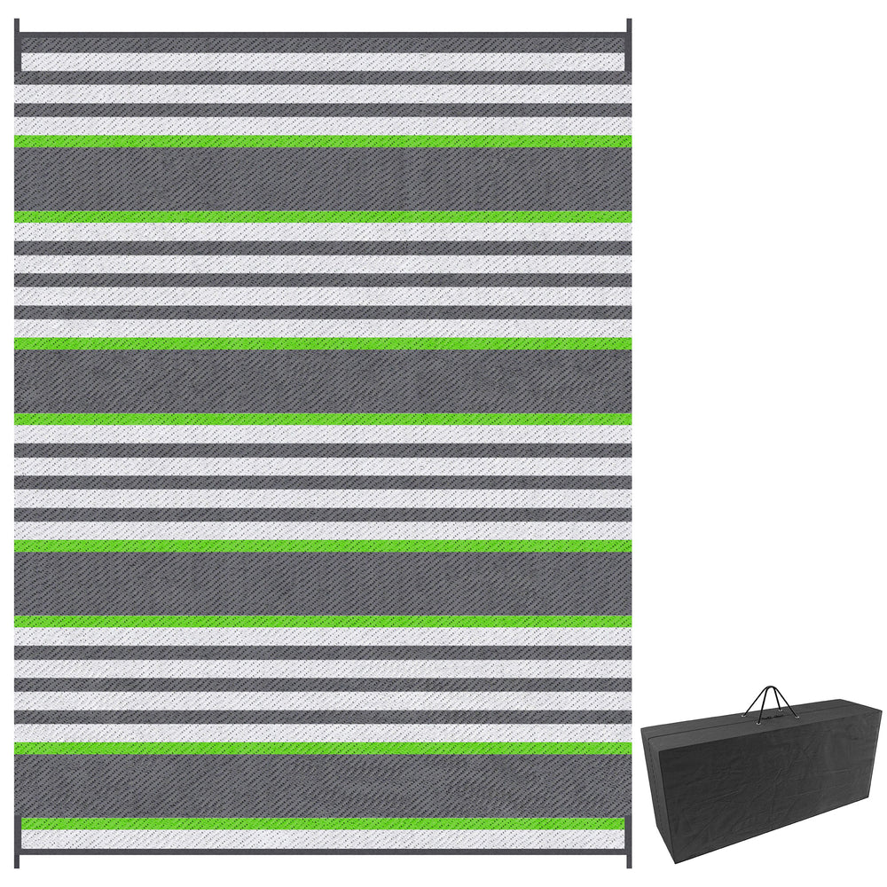 Outsunny Reversible Outdoor Rug, 9' x 12' Waterproof Plastic Straw Floor Mat, Portable RV Camping Carpet, Large Floor Mat for Backyard, Deck, Picnic, Beach, Green & Gray Stripes