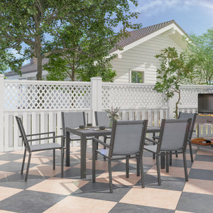 6 Seater Garden Dining Set with Stackable Armchairs, WPC Top Dining Table, Outdoor Table and Chairs, Garden Furniture Set, Light Grey