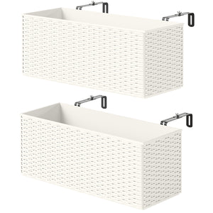 2 Pack Railing Planter Box, 20 Inch Hanging Flower Pots with Hooks and Drainage Hole, Rectangular Planters for Fence, Balcony, Garden, Patio, Rattan Look, White