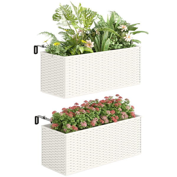 2 Pack Railing Planter Box, 20 Inch Hanging Flower Pots with Hooks and Drainage Hole, Rectangular Planters for Fence, Balcony, Garden, Patio, Rattan Look, White