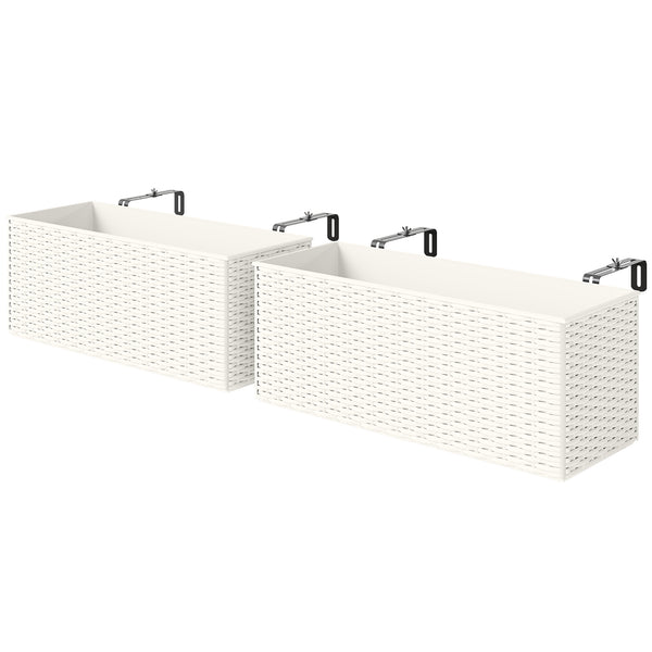 2 Pack Railing Planter Box, 20 Inch Hanging Flower Pots with Hooks and Drainage Hole, Rectangular Planters for Fence, Balcony, Garden, Patio, Rattan Look, White