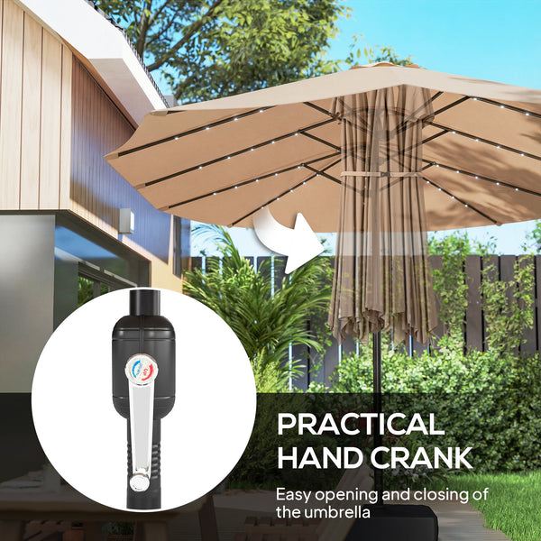 4.5m Garden Parasol Double Sided Umbrella with Base and Sandbags, 60 Solar Powered LED Lights, Patio Umbrella with Crank Handle, Ribs, Water Repellent, Khaki