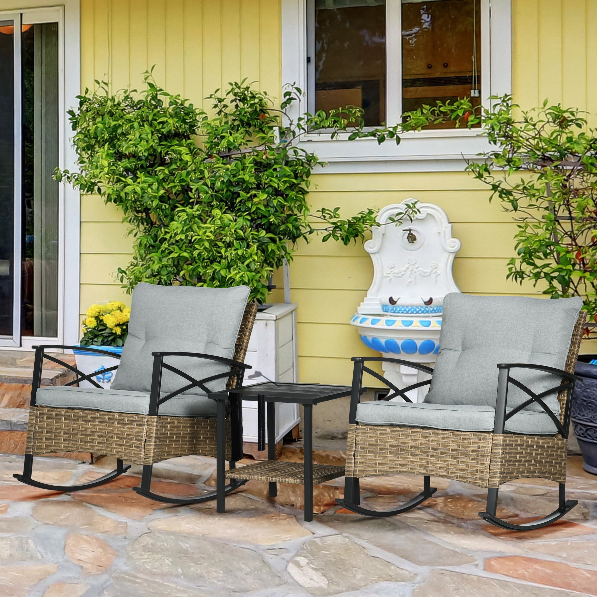 Outsunnny Pieces Rocking Chair Set, Outdoor PE Rattan Bistro Set