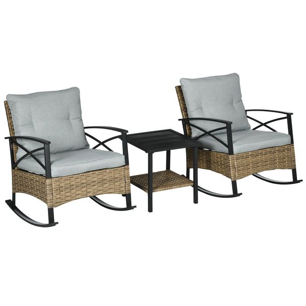 Outsunny 3 Piece Patio Rocking Chair Set, Outdoor Wicker Bistro Set with 2 Cushioned Porch Rockers and 2 Tier Coffee Table for Garden, Porch, Backyard, Light Gray