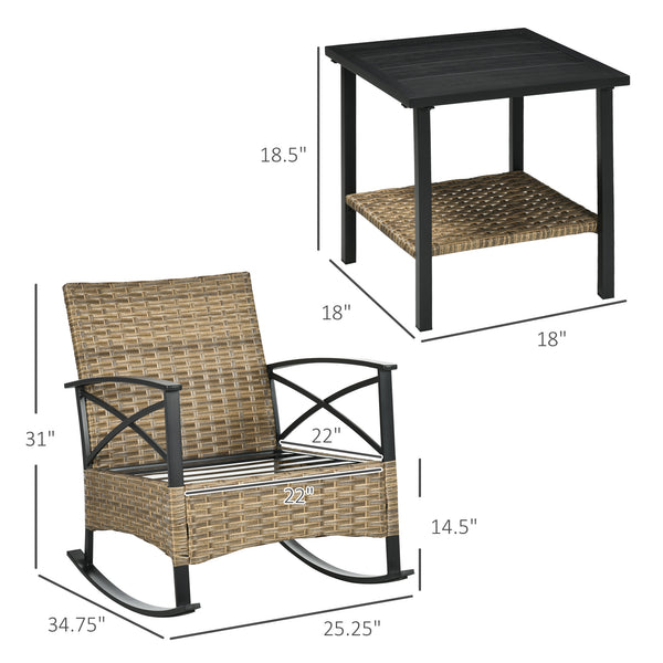 Outsunny 3 Piece Patio Rocking Chair Set, Outdoor Wicker Bistro Set with 2 Cushioned Porch Rockers and 2 Tier Coffee Table for Garden, Porch, Backyard, Light Gray