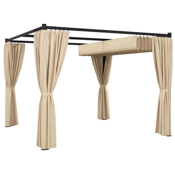 3 x 3(m) Pergola with Retractable Roof Canopy and Curtains, Metal Frame Garden Gazebo Outdoor Sun Shade Shelter for Grill, Patio, Deck, Beige