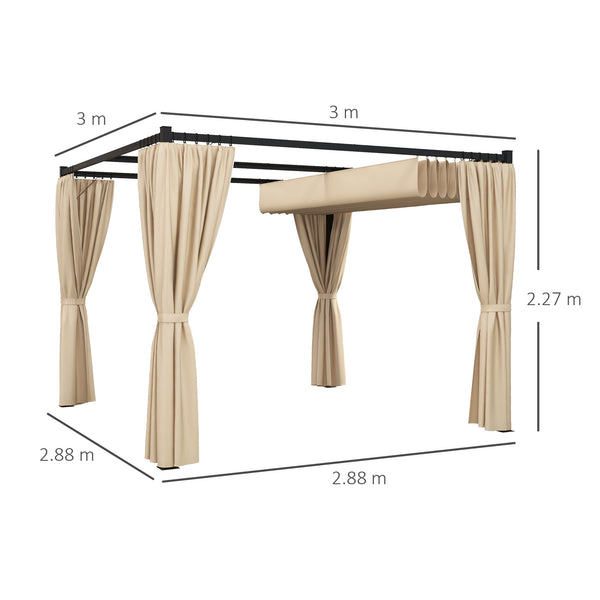 3 x 3(m) Pergola with Retractable Roof Canopy and Curtains, Metal Frame Garden Gazebo Outdoor Sun Shade Shelter for Grill, Patio, Deck, Beige
