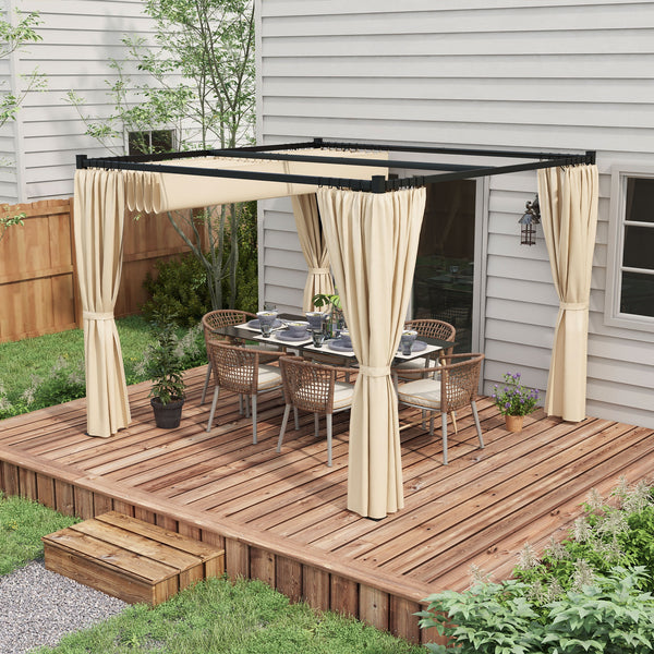 3 x 3(m) Pergola with Retractable Roof Canopy and Curtains, Metal Frame Garden Gazebo Outdoor Sun Shade Shelter for Grill, Patio, Deck, Beige