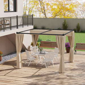 3 x 3(m) Pergola with Retractable Roof Canopy and Curtains, Metal Frame Garden Gazebo Outdoor Sun Shade Shelter for Grill, Patio, Deck, Beige