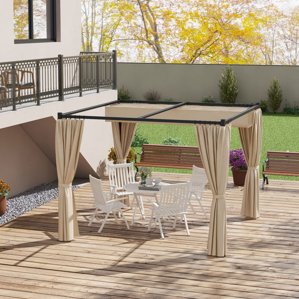 3 x 3(m) Pergola with Retractable Roof Canopy and Curtains, Metal Frame Garden Gazebo Outdoor Sun Shade Shelter for Grill, Patio, Deck, Beige