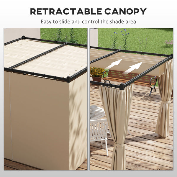 3 x 3(m) Pergola with Retractable Roof Canopy and Curtains, Metal Frame Garden Gazebo Outdoor Sun Shade Shelter for Grill, Patio, Deck, Beige