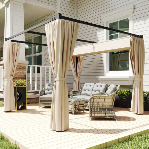 3 x 3(m) Pergola with Retractable Roof Canopy and Curtains, Metal Frame Garden Gazebo Outdoor Sun Shade Shelter for Grill, Patio, Deck, Beige