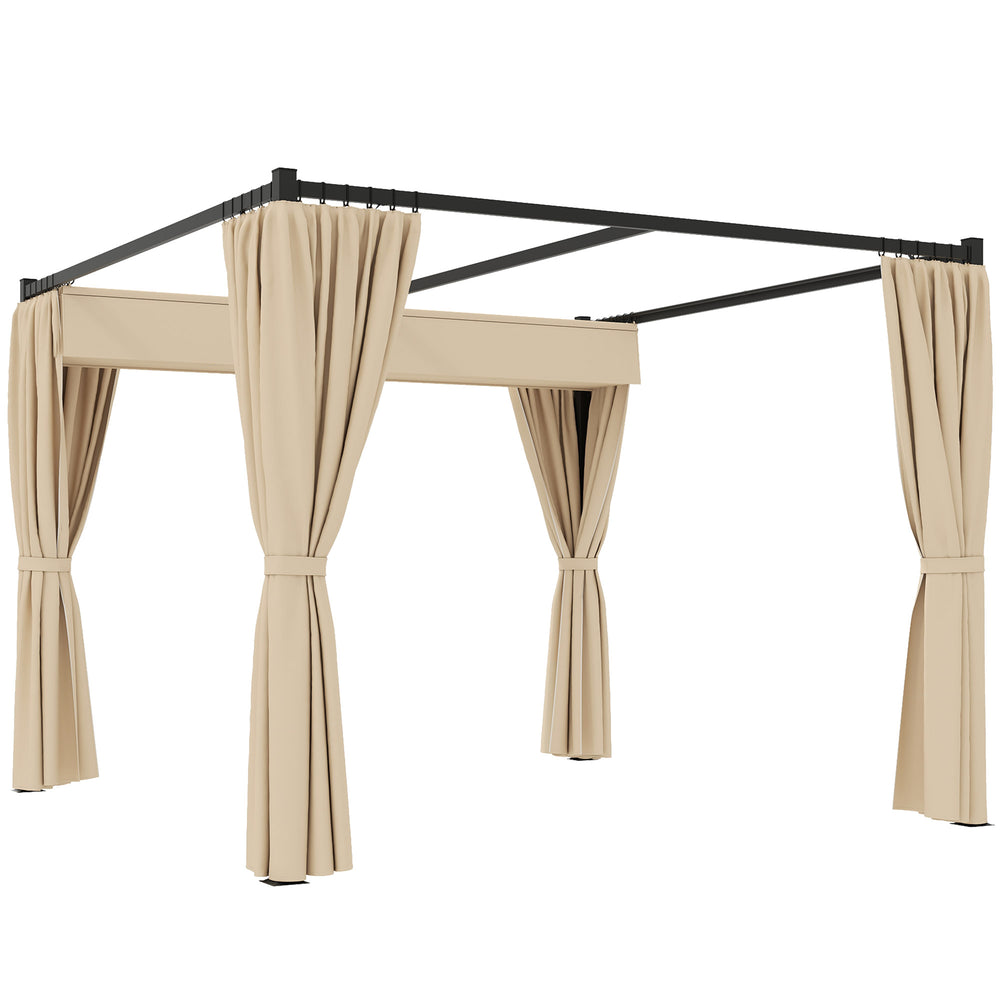 3 x 3(m) Pergola with Retractable Roof Canopy and Curtains, Metal Frame Garden Gazebo Outdoor Sun Shade Shelter for Grill, Patio, Deck, Beige