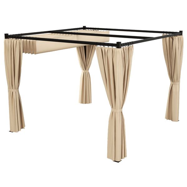 3 x 3(m) Pergola with Retractable Roof Canopy and Curtains, Metal Frame Garden Gazebo Outdoor Sun Shade Shelter for Grill, Patio, Deck, Beige