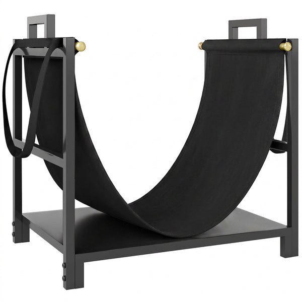 19 Inch Firewood Rack with Canvas Carrier, 110 lb Capacity Heavy Duty Steel Log Store Indoors, Fireplace Log Storage Holder, Black