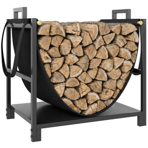 19 Inch Firewood Rack with Canvas Carrier, 110 lb Capacity Heavy Duty Steel Log Store Indoors, Fireplace Log Storage Holder, Black