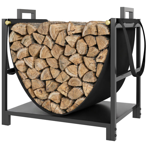 19 Inch Firewood Rack with Canvas Carrier, 110 lb Capacity Heavy Duty Steel Log Store Indoors, Fireplace Log Storage Holder, Black