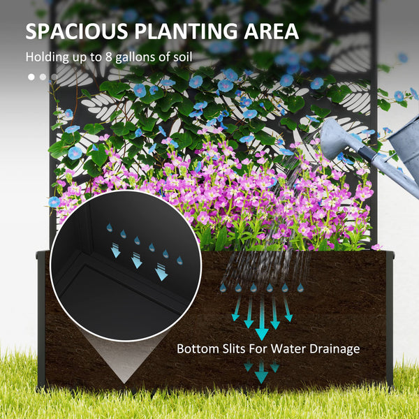 Metal Raised Garden Bed with Trellis for Climbing Plants, Freestanding or Wall Mounted Flower Bed with Privacy Panel, Small Leaves Cut-Outs Outdoor Planter Box for Garden, Patio, Balcony