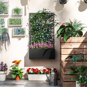 Metal Raised Garden Bed with Trellis for Climbing Plants, Freestanding or Wall Mounted Flower Bed with Privacy Panel, Small Leaves Cut-Outs Outdoor Planter Box for Garden, Patio, Balcony