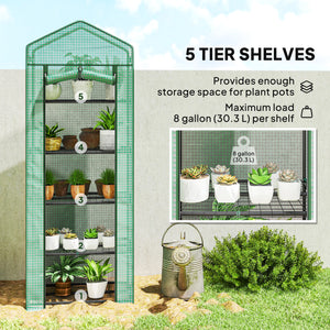 5 Tier Mini Greenhouse, Portable Outdoor Flower Stand with Shelf Clips, Indoor Greenhouse with Steel Frame, Transparent, 27.25" x 19.25" x 76", Green