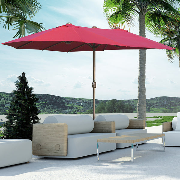 Outsunny Patio Umbrella 15' Steel Rectangular Outdoor Double Sided Market Umbrella with base, Sun Protection & Easy Crank for Deck Pool Patio, Wine Red