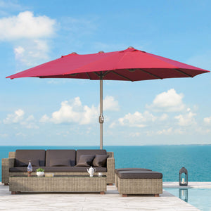 Outsunny Patio Umbrella 15' Steel Rectangular Outdoor Double Sided Market Umbrella with base, Sun Protection & Easy Crank for Deck Pool Patio, Wine Red