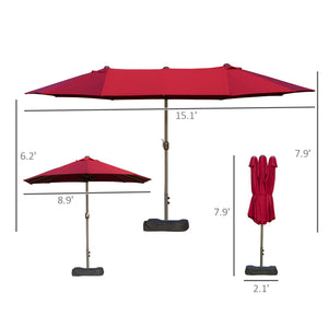 Outsunny Patio Umbrella 15' Steel Rectangular Outdoor Double Sided Market Umbrella with base, Sun Protection & Easy Crank for Deck Pool Patio, Wine Red