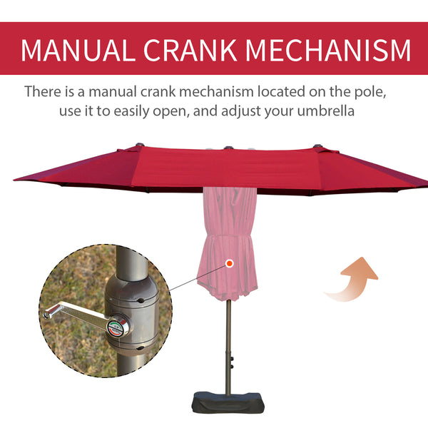 Outsunny Patio Umbrella 15' Steel Rectangular Outdoor Double Sided Market Umbrella with base, Sun Protection & Easy Crank for Deck Pool Patio, Wine Red