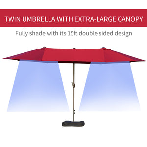 Outsunny Patio Umbrella 15' Steel Rectangular Outdoor Double Sided Market Umbrella with base, Sun Protection & Easy Crank for Deck Pool Patio, Wine Red