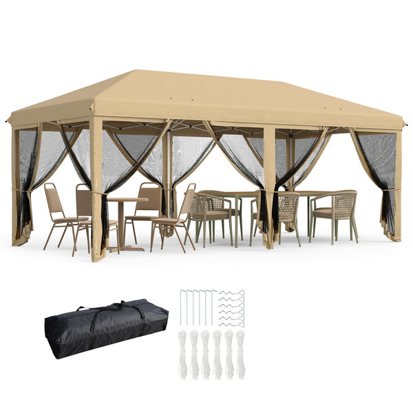 3 x 6m Pop Up Gazebo, Outdoor Canopy Shelter, Marquee Party Wedding Tent with 6 Mesh Walls and Carry Bag, Beige