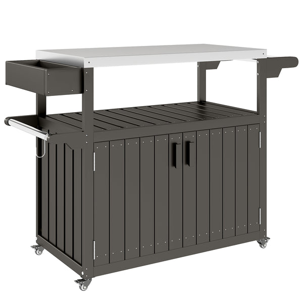 Outdoor Bar Cart with Storage Cabinet, Stainless Steel Top Kitchen Island on Wheels, HDPE Outdoor Bar Table, Movable Patio Beverage Food Prep Table for BBQ Picnic, Dark Gray