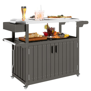 Outdoor Bar Cart with Storage Cabinet, Stainless Steel Top Kitchen Island on Wheels, HDPE Outdoor Bar Table, Movable Patio Beverage Food Prep Table for BBQ Picnic, Dark Gray