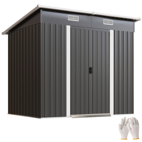 7 x 4ft Outdoor Storage Shed with Foundation Kit, Lean to Metal Garden Shed for Log, Rubbish Bin, Tool, Lawnmower, Bike, Patio Use, Black