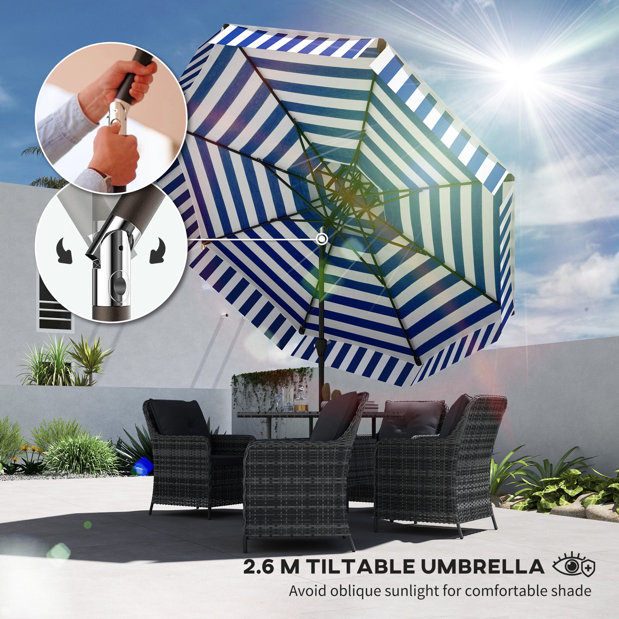 blue white striped patio umbrella Outsunny 8.6FT Patio Umbrella, UPF 30+ Outdoor Market Umbrella, 2-Tier Vented Patio Table Umbrella with Crank 8 Ribs, Tiltable Porch Umbrella for