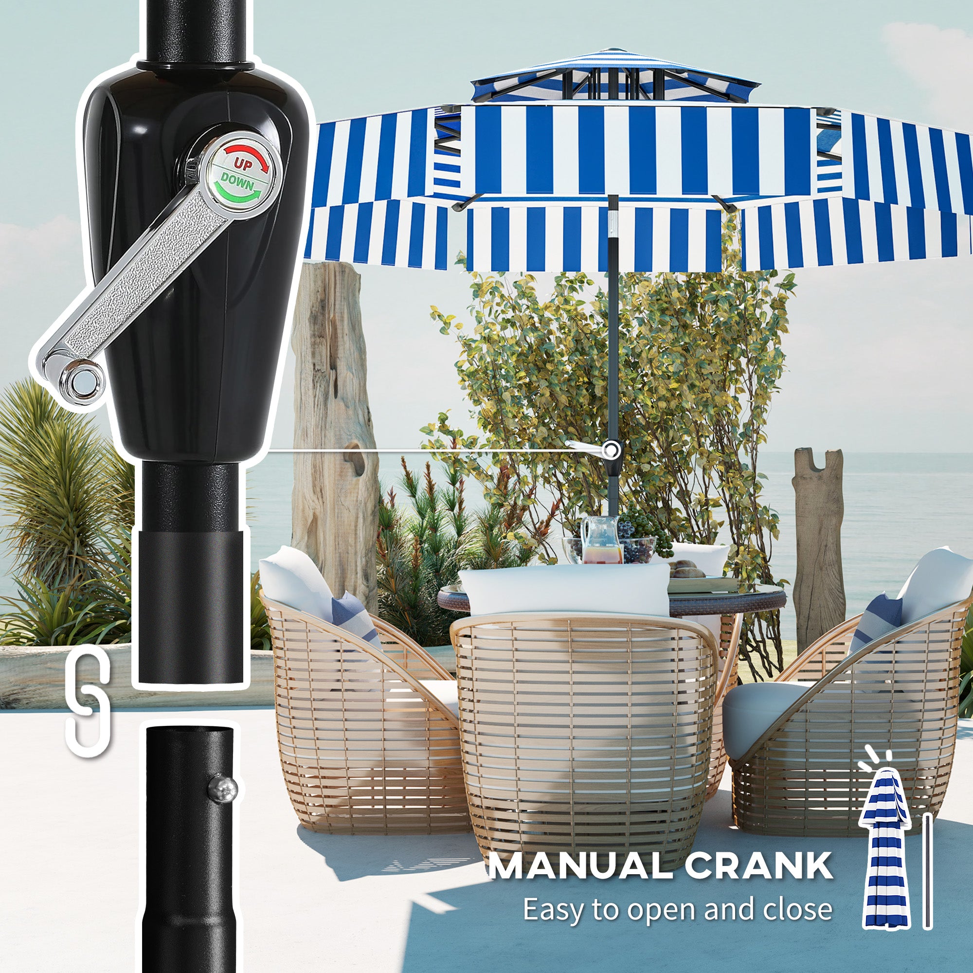crank up patio table umbrella Outsunny 8.6FT Patio Umbrella, UPF 30+ Outdoor Market Umbrella, 2-Tier Vented Patio Table Umbrella with Crank 8 Ribs, Tiltable Porch Umbrella for