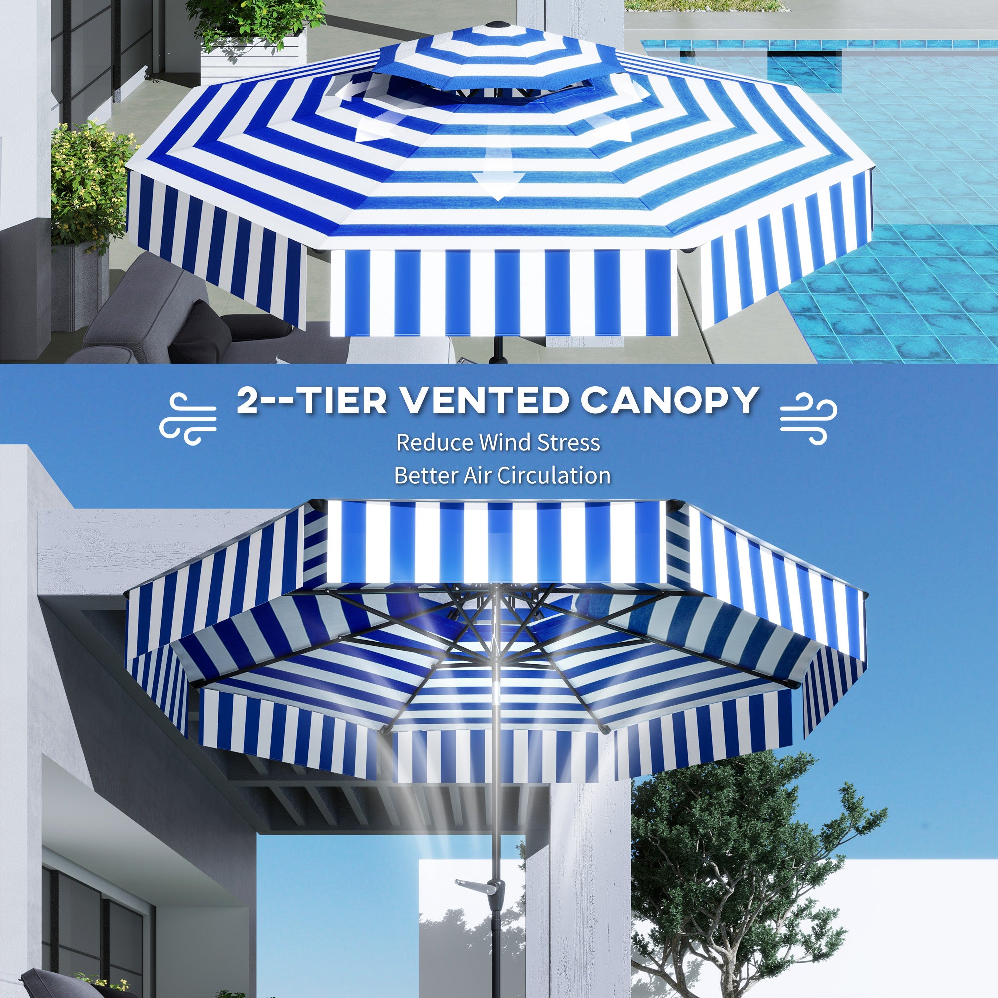 8 foot patio umbrellas sarasota Outsunny 8.6FT Patio Umbrella, UPF 30+ Outdoor Market Umbrella, 2-Tier Vented Patio Table Umbrella with Crank 8 Ribs, Tiltable Porch Umbrella for