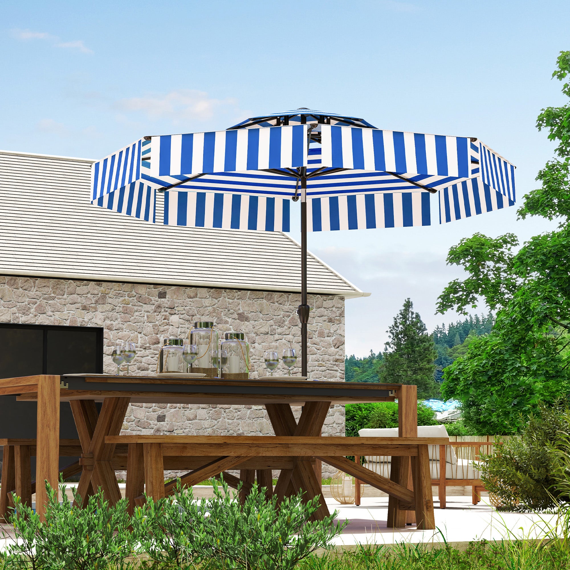 blue and white patio umbrella Outsunny 8.6FT Patio Umbrella, UPF 30+ Outdoor Market Umbrella, 2-Tier Vented Patio Table Umbrella with Crank 8 Ribs, Tiltable Porch Umbrella for
