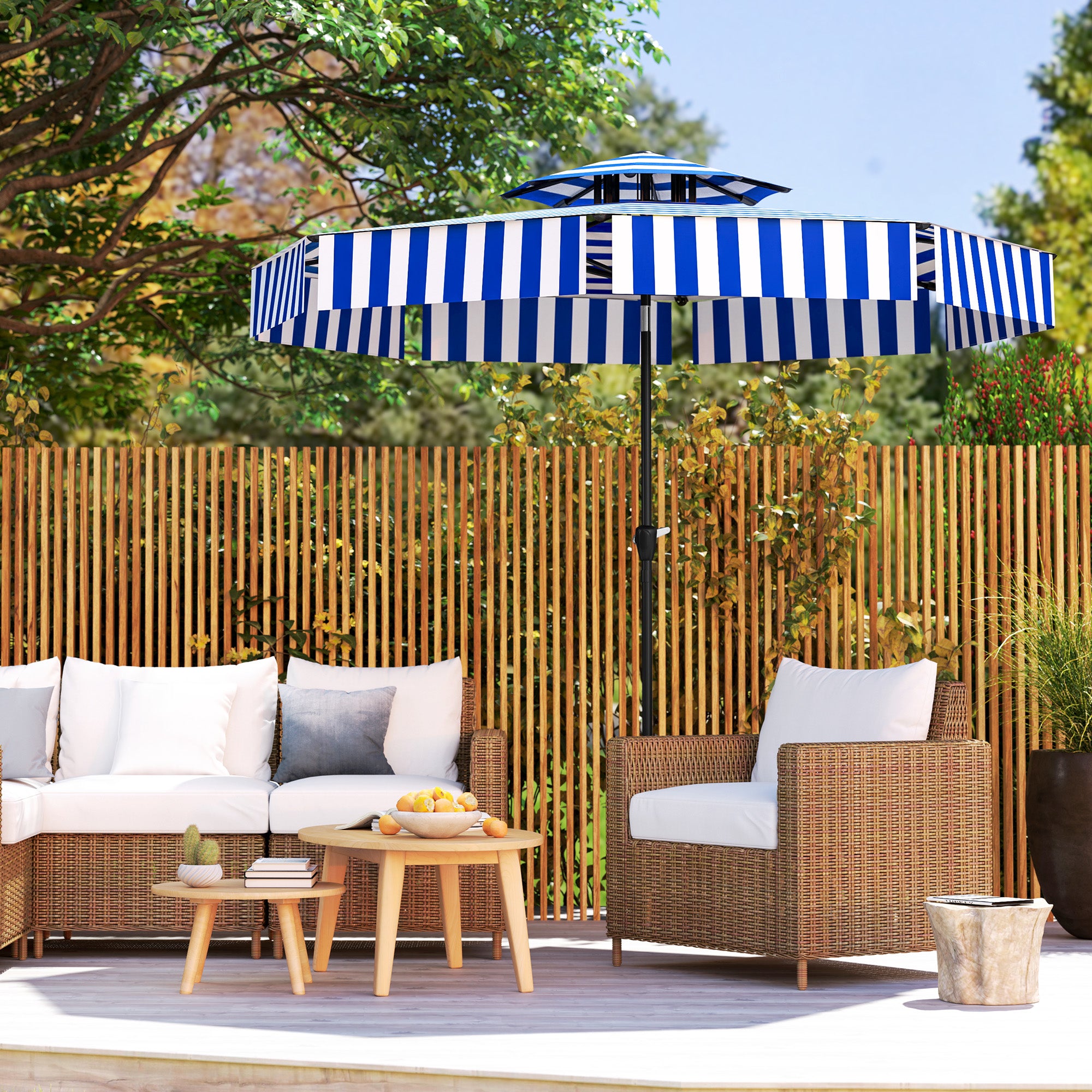 blue free standing patio umbrella Outsunny 8.6FT Patio Umbrella, UPF 30+ Outdoor Market Umbrella, 2-Tier Vented Patio Table Umbrella with Crank 8 Ribs, Tiltable Porch Umbrella for