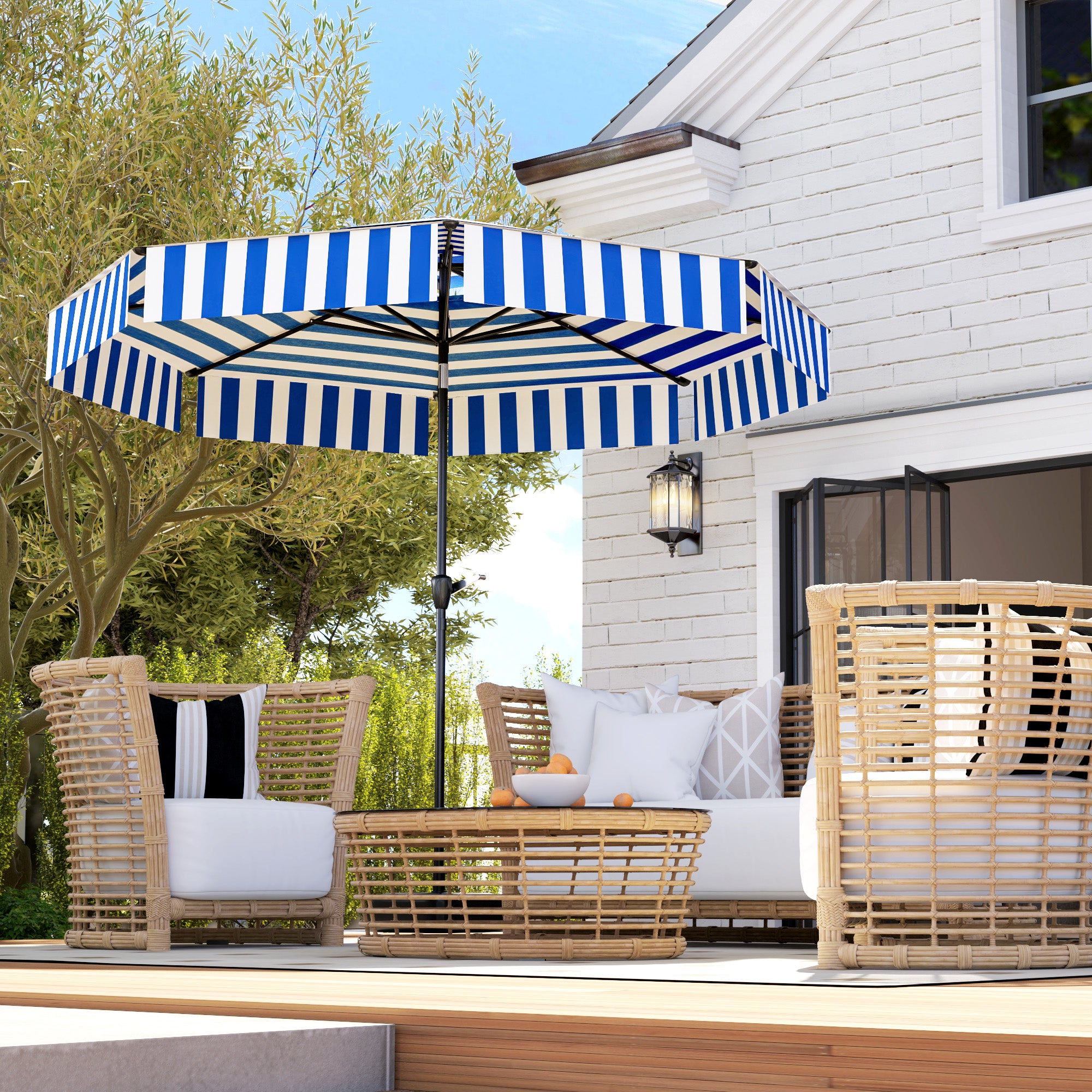 blue patio table umbrella Outsunny 8.6FT Patio Umbrella, UPF 30+ Outdoor Market Umbrella, 2-Tier Vented Patio Table Umbrella with Crank 8 Ribs, Tiltable Porch Umbrella for