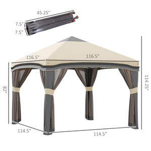 Outsunny 10' x 10' Pop Up Canopy Tent with Netting, Instant Tents for Parties, Height Adjustable, with Wheeled Carry Bag and 4 Sand Bags for Outdoor, Garden, Patio, Beige