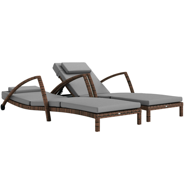 Outsunny Wicker Chaise Lounge Chair Outdoor Set of 2, 5-Position Adjustable Reclining Pool Lounge Chairs with Wheels, Rattan Outdoor Lounger with Cushion, Armrests for Poolside Beach Backyard, Gray