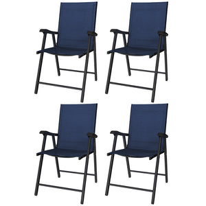 Folding Garden Chairs Set of 4, Foldable Garden Dining Chairs with High Back and Armrests, Breathable Texteline Folding Outdoor Chair Set with Metal Frame for Patio, Balcony, Navy Blue