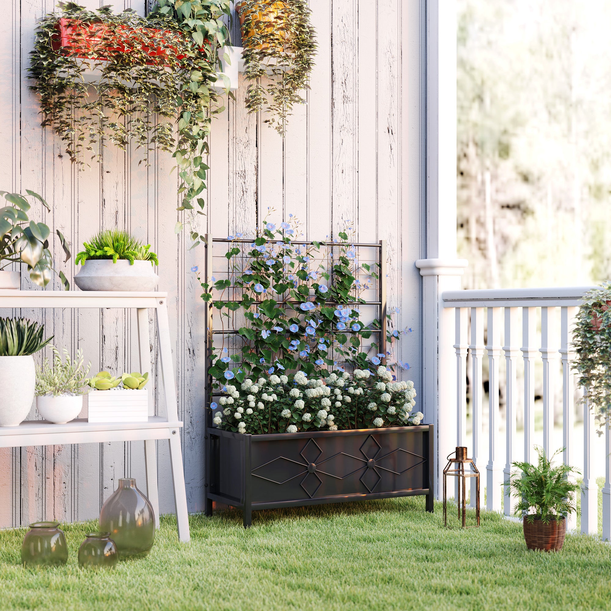 garden planter with trellis the range Outsunny Outdoor Planter Box Galvanized Raised Garden Bed with Trellis for Climbing Vines, 35.4" x 15.7" x 47.2", Black