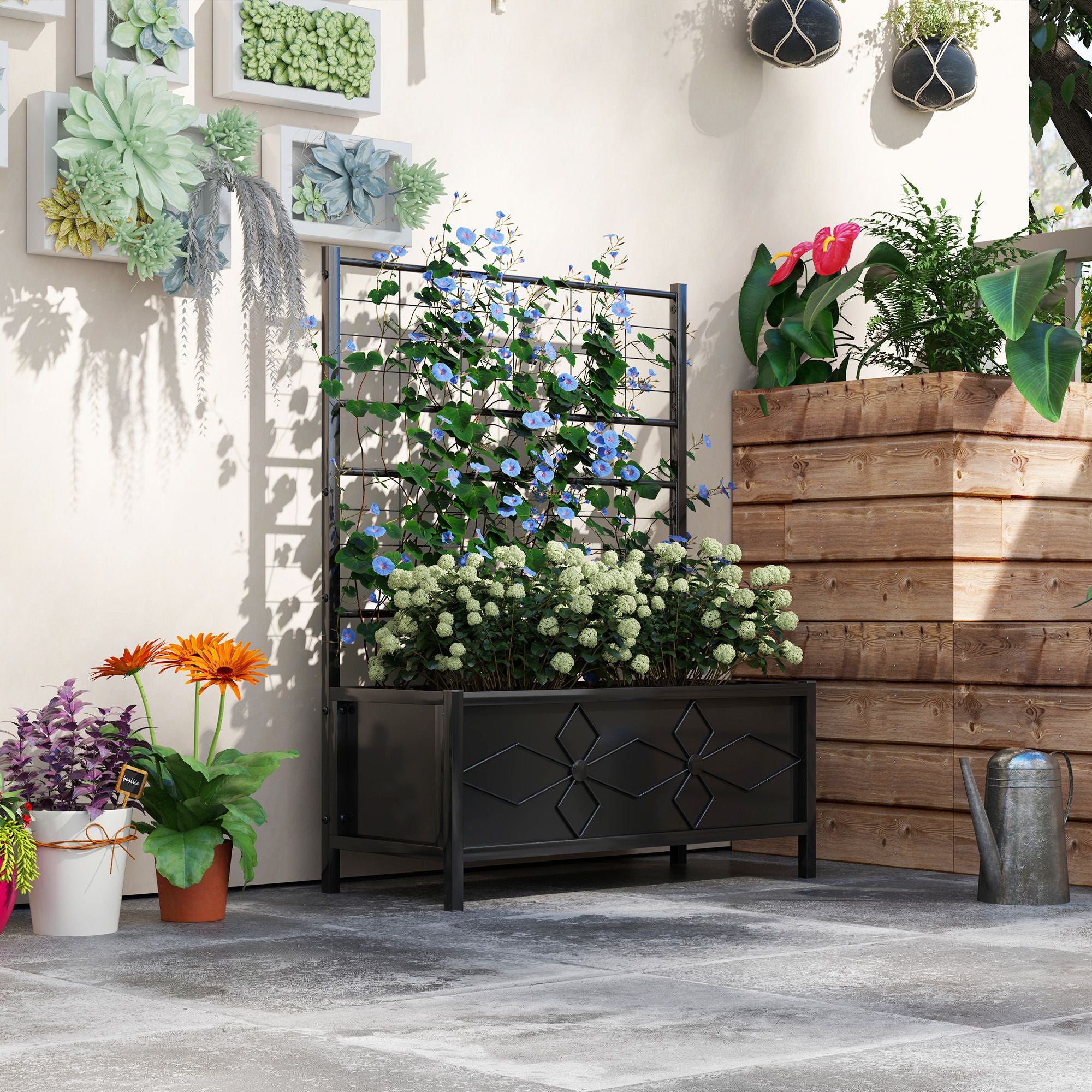 balcony trellis planter Outsunny Outdoor Planter Box Galvanized Raised Garden Bed with Trellis for Climbing Vines, 35.4" x 15.7" x 47.2", Black