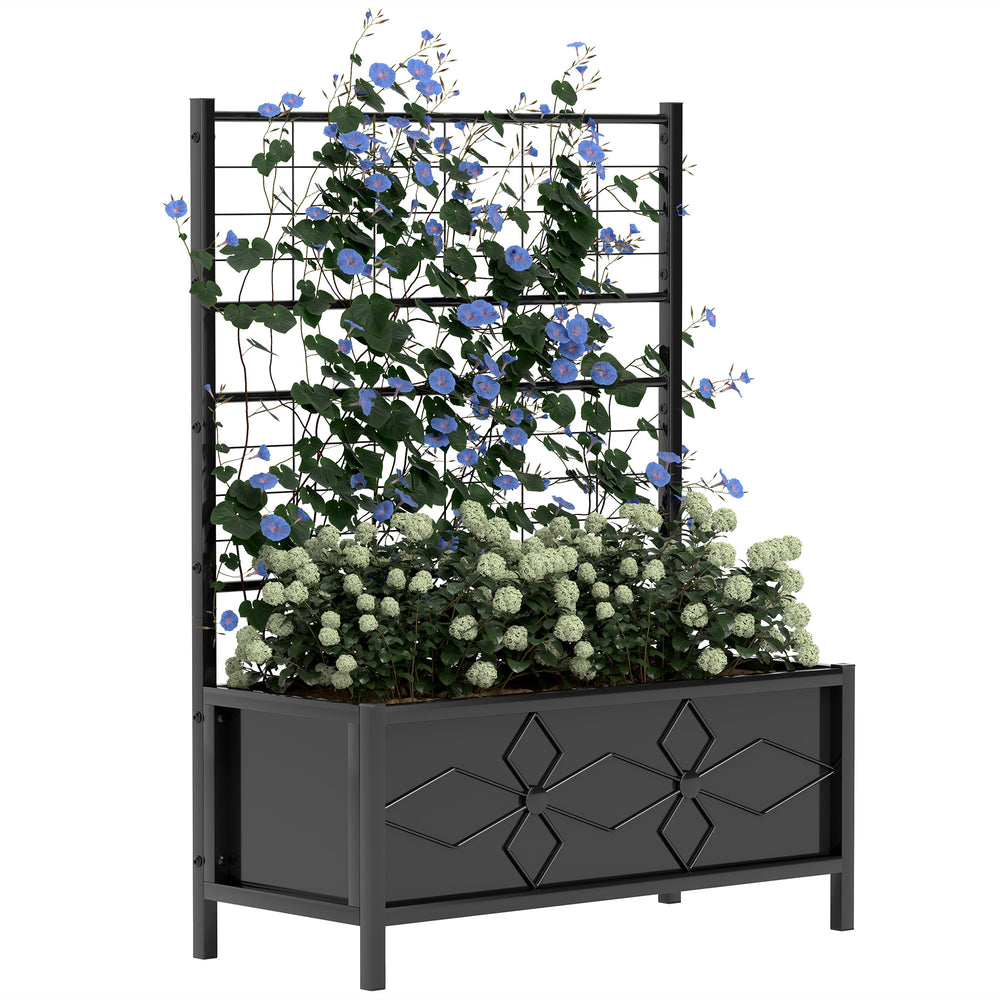 Outsunny Galvanized Raised Garden Bed with Trellis, Outdoor Planter Box for Climbing Vines Vegetables Flowers, Metal Garden Box for Backyard Patio Balcony 35.4" x 15.7" x 47.2", Black