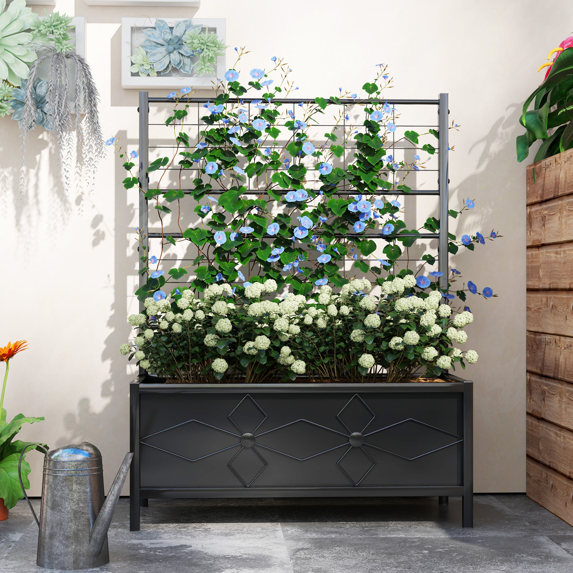 trellis planter b&m Outsunny Outdoor Planter Box Galvanized Raised Garden Bed with Trellis for Climbing Vines, 35.4" x 15.7" x 47.2", Black